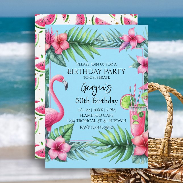 Tropical Flamingo Watermelon Birthday Party Invitation (Tropical Flamingo Watermelon Birthday Party Invitation.  Celebrate your birthday with beach vibes.)