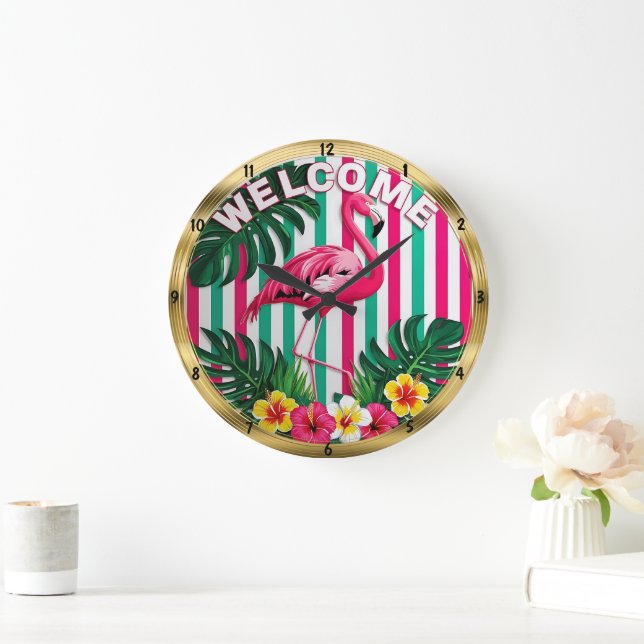 Tropical Flamingo Welcome: Aussie Style Large Clock (Home)