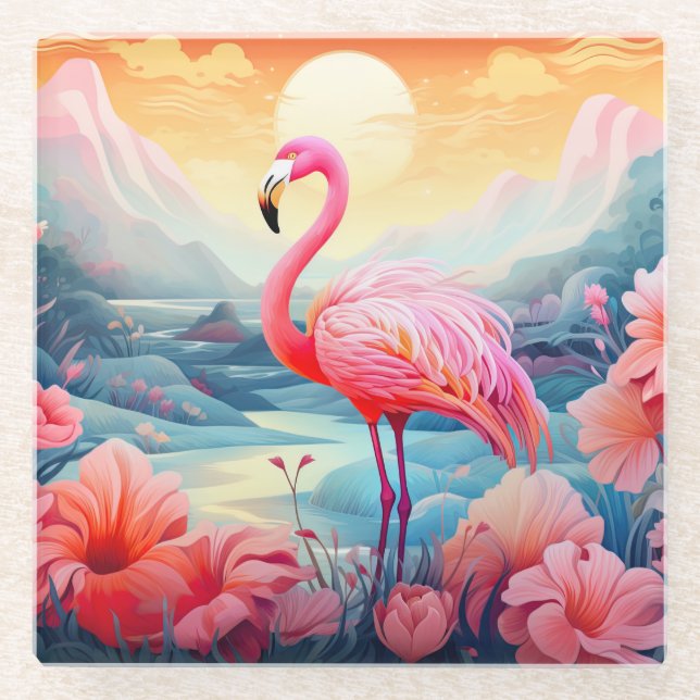 Tropical Flamingo with Flowers-76280 Glass Coaster (Front)
