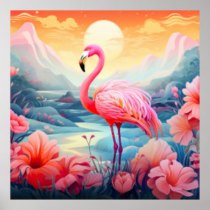 Tropical Flamingo with Flowers-76280 Poster