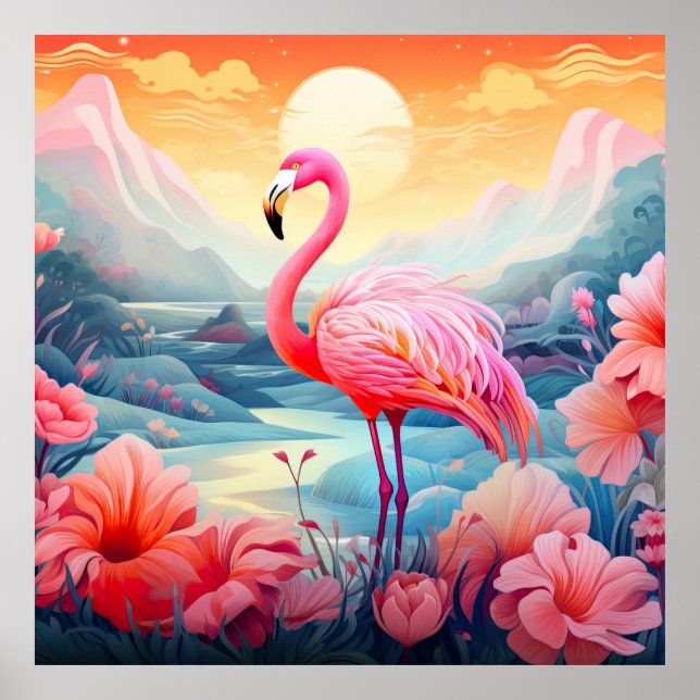 Tropical Flamingo with Flowers-76280 Poster (Front)
