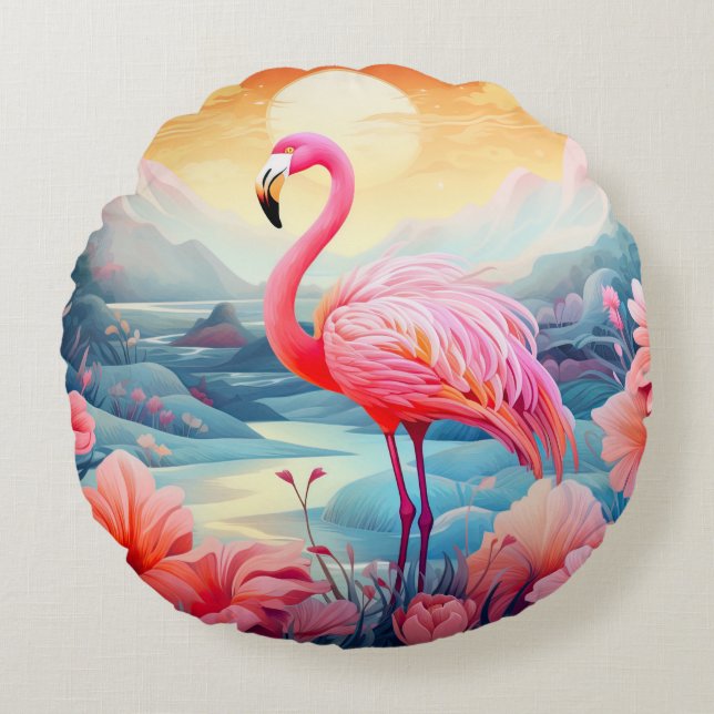 Tropical Flamingo with Flowers-76280 Round Pillow (Front)