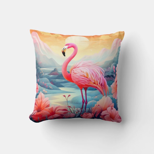 Tropical Flamingo with Flowers-76280 Throw Pillow (Front)