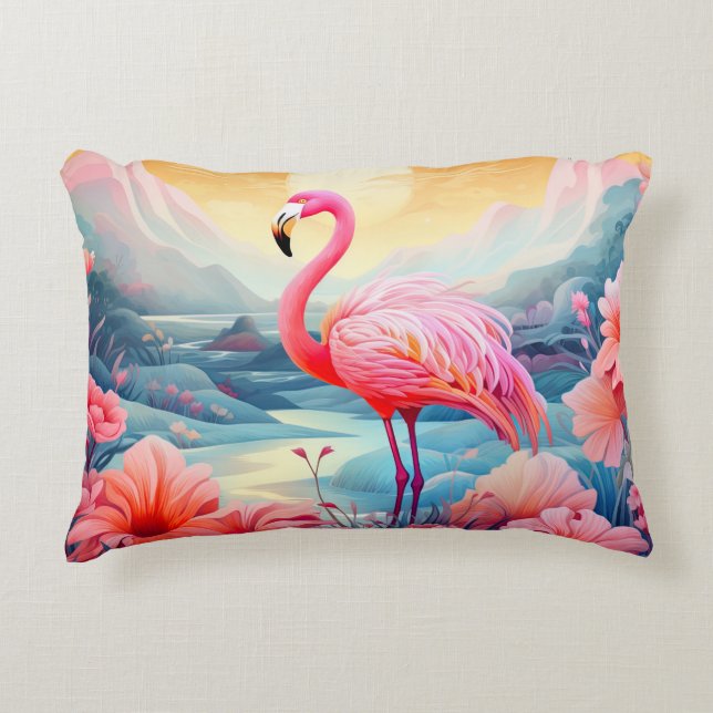 Tropical Flamingo with Flowers Accent Pillow (Front)