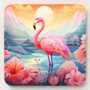 Tropical Flamingo with Flowers Beverage Coaster