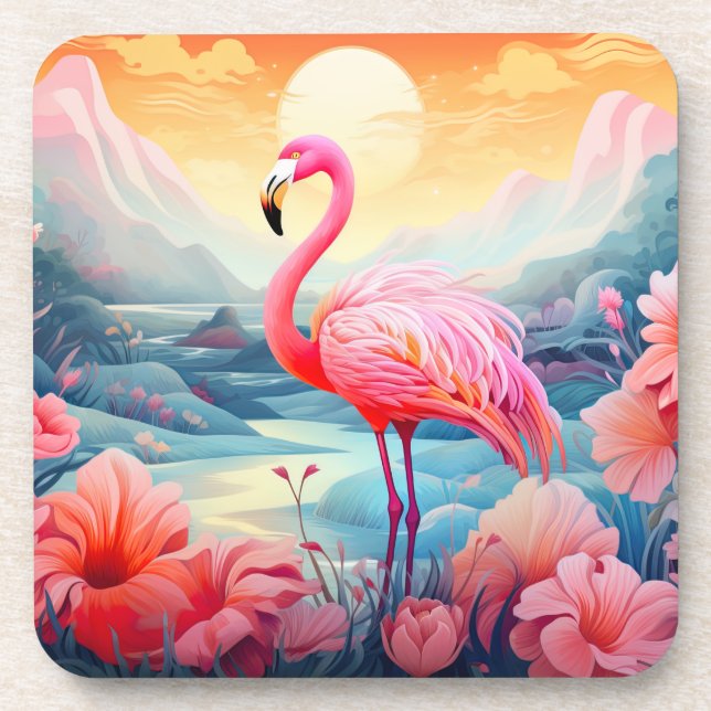 Tropical Flamingo with Flowers Beverage Coaster (Front)