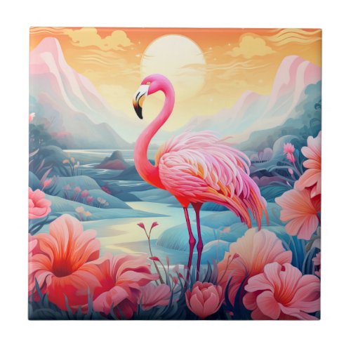 Tropical Flamingo with Flowers Ceramic Tile