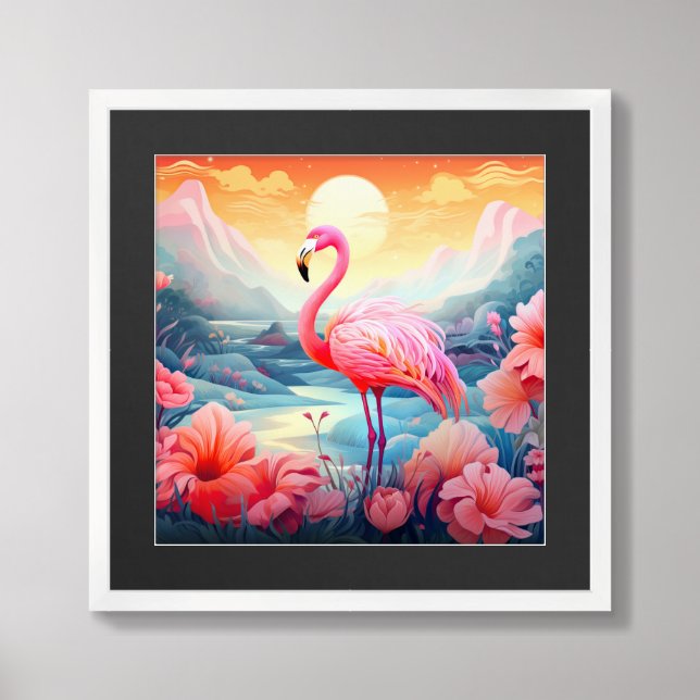 Tropical Flamingo with Flowers Framed Art (Framed Front)