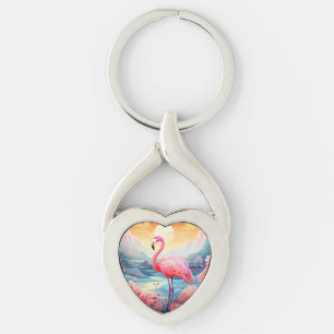 Tropical Flamingo with Flowers Keychain