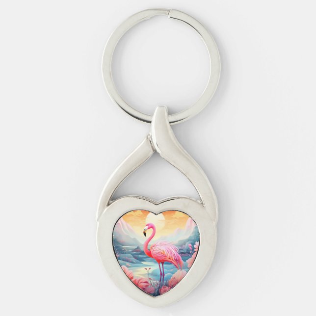 Tropical Flamingo with Flowers Keychain (Front)