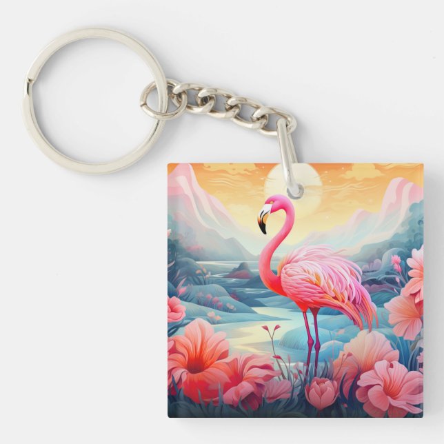 Tropical Flamingo with Flowers Keychain (Front)