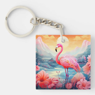 Tropical Flamingo with Flowers Keychain