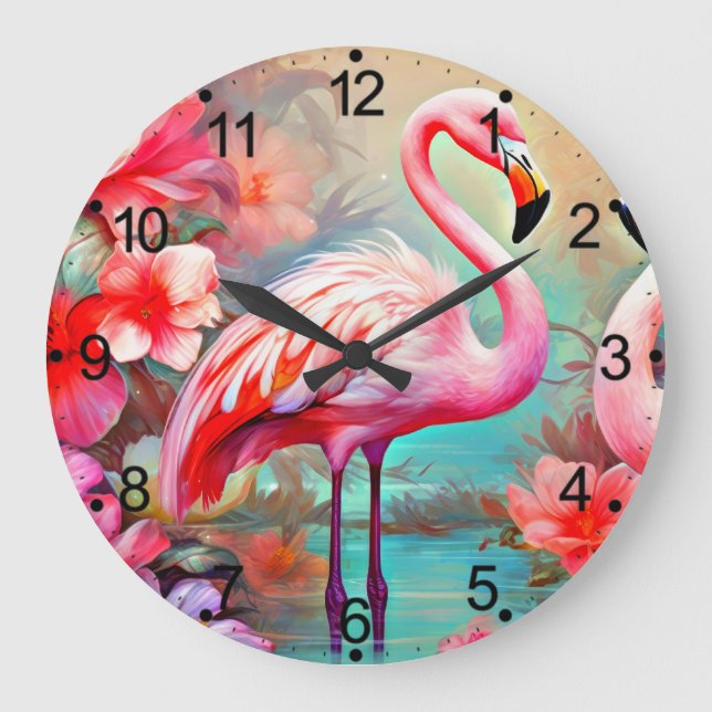 Tropical Flamingo with Flowers Large Clock (Front)