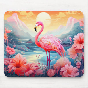 Tropical Flamingo with Flowers Mouse Pad