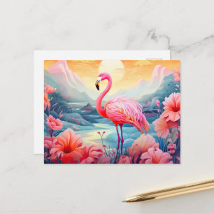 Tropical Flamingo with Flowers Postcard