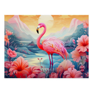 Tropical Flamingo with Flowers Poster