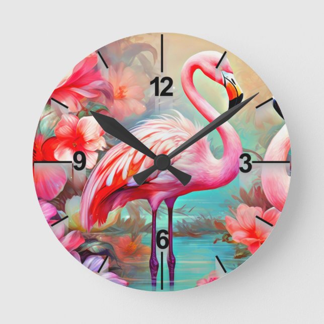 Tropical Flamingo with Flowers Round Clock (Front)