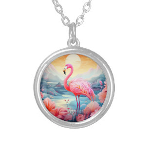 Tropical Flamingo with Flowers Silver Plated Necklace
