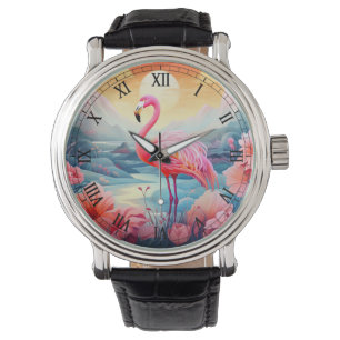 Tropical Flamingo with Flowers Watch