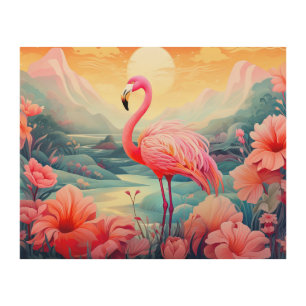 Tropical Flamingo with Flowers Wood Wall Art