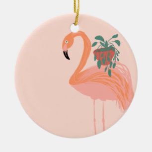 Tropical Flamingo with Potted Plant Hand Drawn Ceramic Ornament