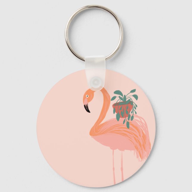 Tropical Flamingo with Potted Plant Hand Drawn    Keychain (Front)