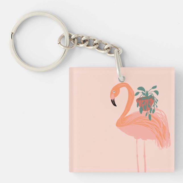 Tropical Flamingo with Potted Plant Hand Drawn   Keychain (Front)