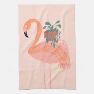 Tropical Flamingo with Potted Plant Hand Drawn    Kitchen Towel