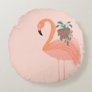 Tropical Flamingo with Potted Plant Hand Drawn    Round Pillow