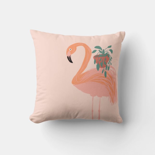 Tropical Flamingo with Potted Plant Hand Drawn  Throw Pillow (Front)