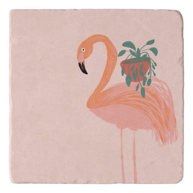 Tropical Flamingo with Potted Plant Hand Drawn   Trivet (Front)