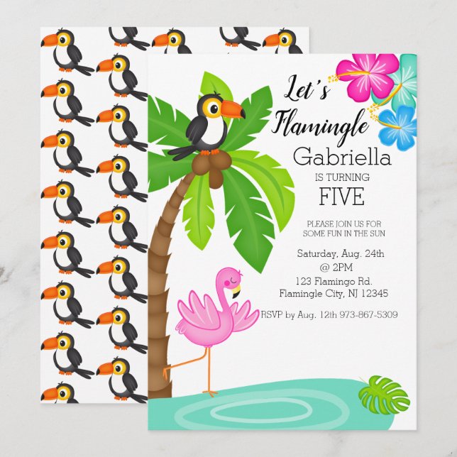 Tropical Flamingo With Toucan Birthday Invitation (Front/Back)