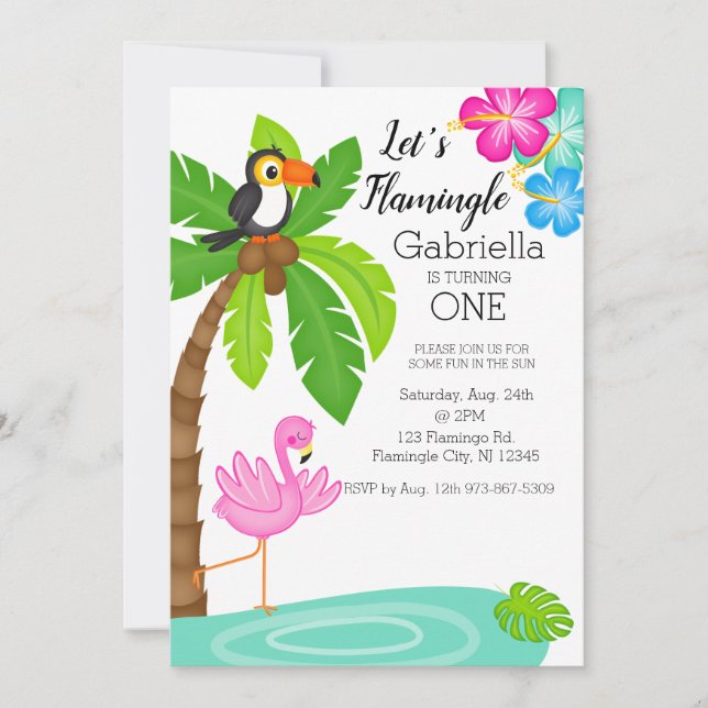 Tropical Flamingo With Toucan First Birthday Invitation (Front)
