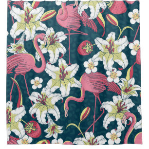 Tropical Flamingoes and Lilies Seamless Pattern Shower Curtain
