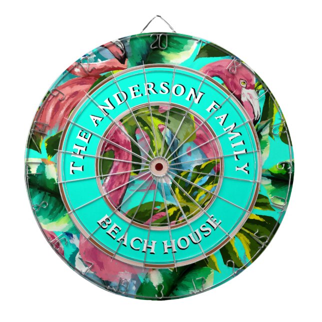 Tropical Flamingoes Family Name Beach House Dart Board (Front)