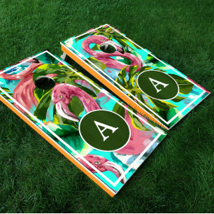 Tropical Flamingoes Monogram Cornhole Set