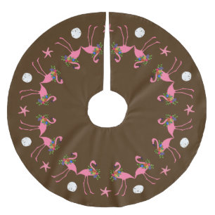 Tropical Flamingos All Around Brown Christmas Brushed Polyester Tree Skirt