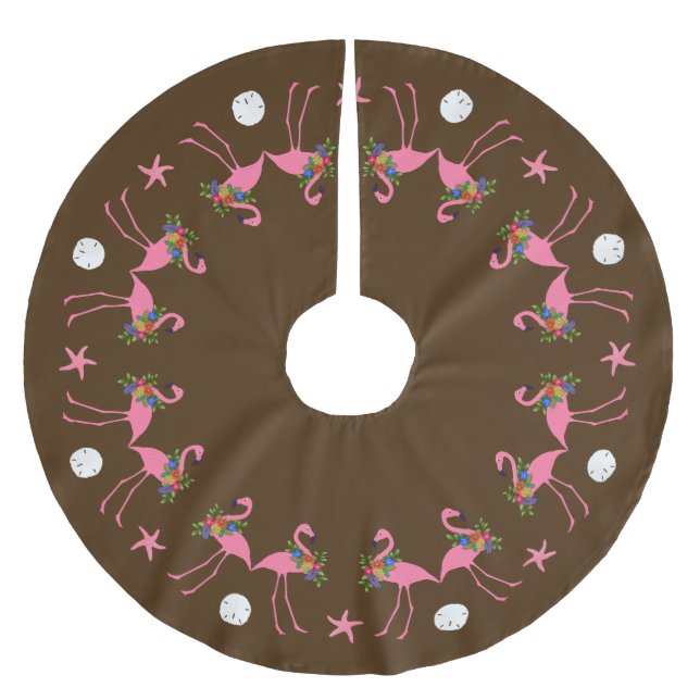 Tropical Flamingos All Around Brown Christmas Brushed Polyester Tree Skirt (Front)