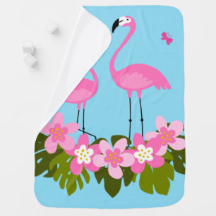 Tropical Flamingos and Floral Illustration Baby Blanket