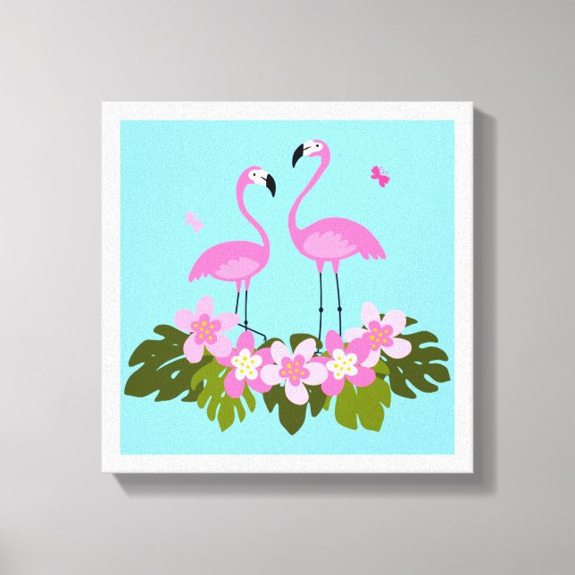 Tropical Flamingos and Floral Illustration Canvas Print (Front)