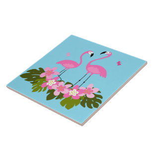 Tropical Flamingos and Floral Illustration Ceramic Tile
