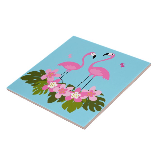 Tropical Flamingos and Floral Illustration Ceramic Tile (Side)