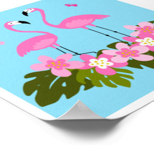 Tropical Flamingos and Floral Illustration Poster