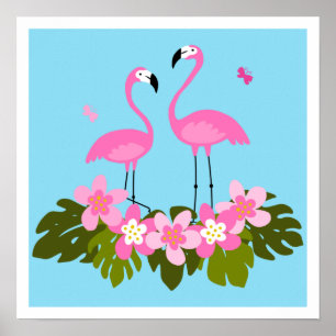 Tropical Flamingos and Floral Illustration Poster