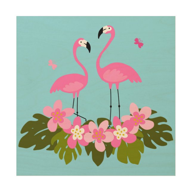 Tropical Flamingos and Floral Illustration Wood Wall Art (Front)