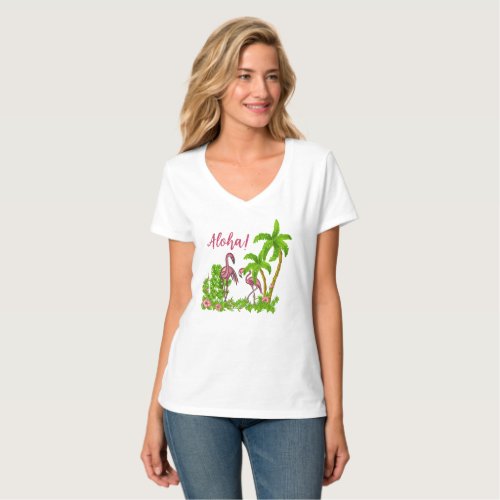 Tropical Flamingos and Flowers T_Shirt