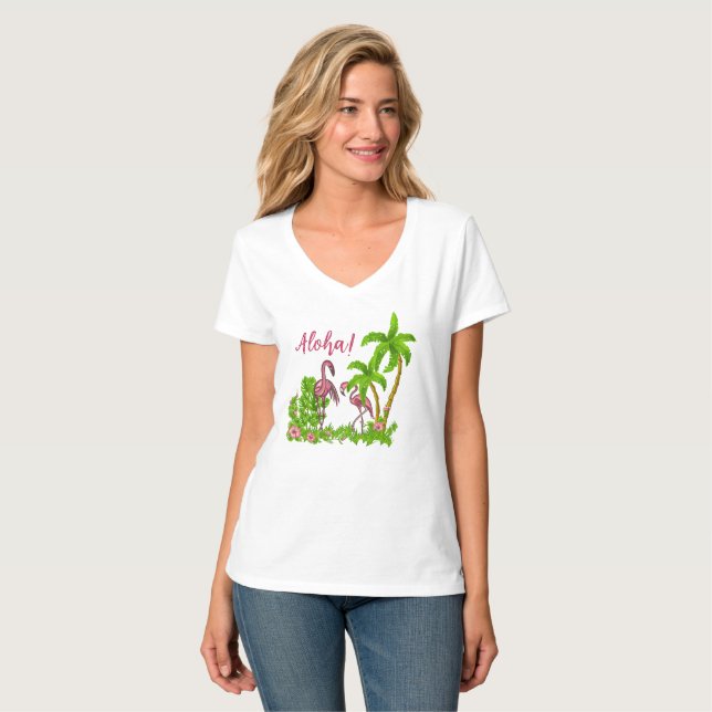 Tropical Flamingos and Flowers T-Shirt (Front Full)