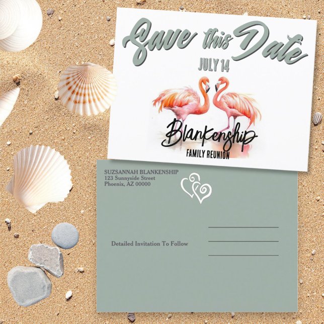 Tropical Flamingos Family Reunion Save The Date  Announcement Postcard (Save the Date template postcard front and back )