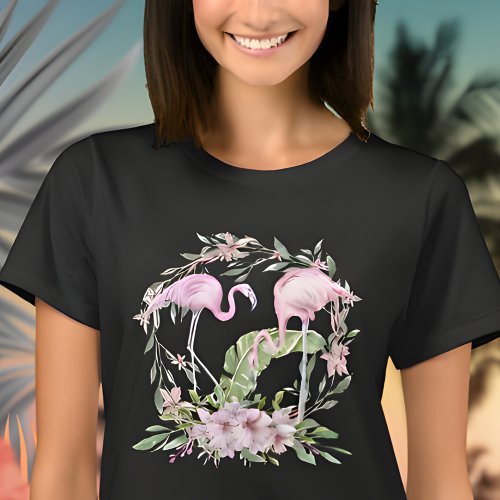 Tropical Flamingos Floral Flowers T_Shirt