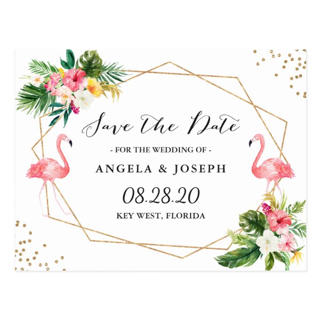 Tropical Flamingos Floral Wedding Save The Date Postcard